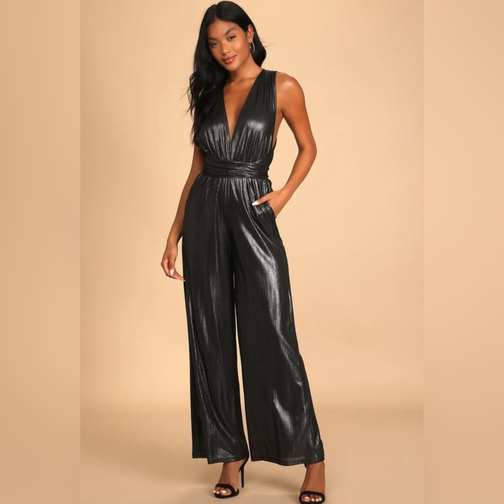 Lulu’s Endlessly Stunning Metallic Gunmetal Convertible Jumpsuit